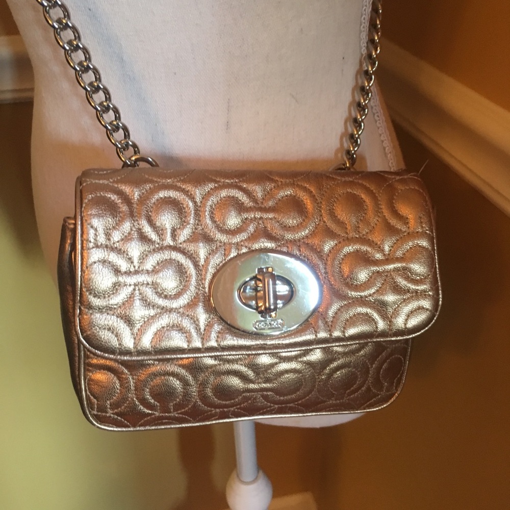Coach embossed leather gold metallic chain bag